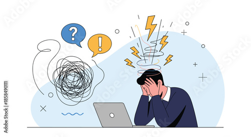 Stressed man sitting at a laptop with his head in his hands surrounded by symbols of confusion and pressure.