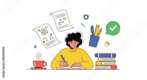 Student studying at a desk with science notes and books while drinking coffee and feeling productive.