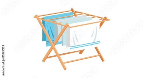 Portable wooden clothes drying rack with several light blue and white towels hanging to dry outdoors.