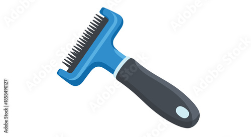 Blue and black pet grooming brush with sharp metal teeth designed for removing fur from cats or dogs.