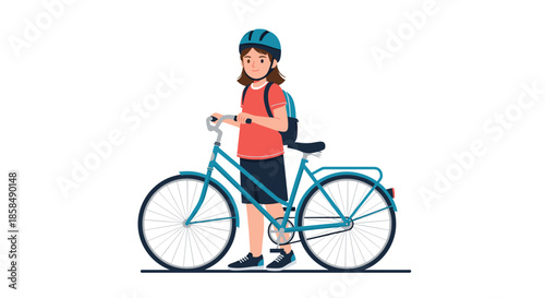 Young girl wearing a safety helmet and backpack standing next to her blue bicycle on a white background.