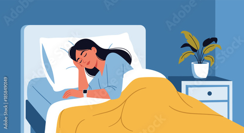 Tired woman sleeping soundly in a comfortable bed at night with a blue wall and houseplant background.