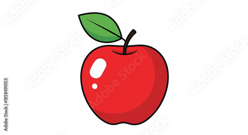 Simple and clean illustration of a ripe red apple with a single green leaf attached to its brown stem.