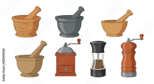 Collection of various kitchen tools including wooden and stone mortars and pestles alongside manual coffee and spice grinders for culinary preparation.