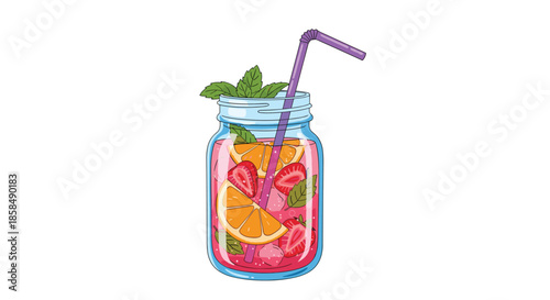 Refreshing fruit infused water with sliced strawberries and oranges garnished with mint leaves and served in a glass jar with a straw.