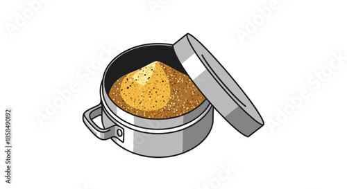 Small metal bowl filled with aromatic ground spices and a matching lid placed nearby for use in flavoring various culinary dishes and recipes.