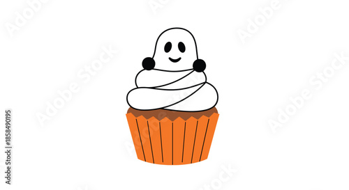 Cute Halloween themed cupcake featuring a ghost shaped frosting top with a smiling face and black accents in an orange paper liner.