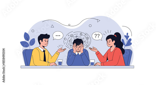 Group of business people sitting at a table with one person feeling overwhelmed and stressed during a difficult meeting.