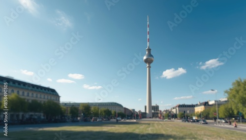 Wallpaper Mural Berlin's Fernsehturm seen from Alexanderplatz with a bright blue sky, city skyline and architectural feature Torontodigital.ca