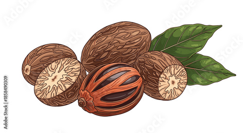 Detailed illustration of whole nutmegs, a halved nutmeg, and the outer mace shell with green leaves on white background.