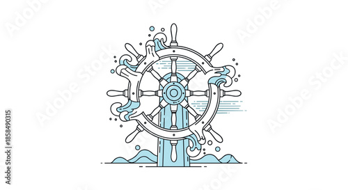 Stylized illustration of a vintage ship steering wheel or helm surrounded by foaming blue ocean waves and bubbles.