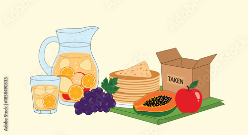 Health breakfast still life with a pitcher of fruit juice, pancakes, papaya, grapes, a red apple, and a takeaway box.