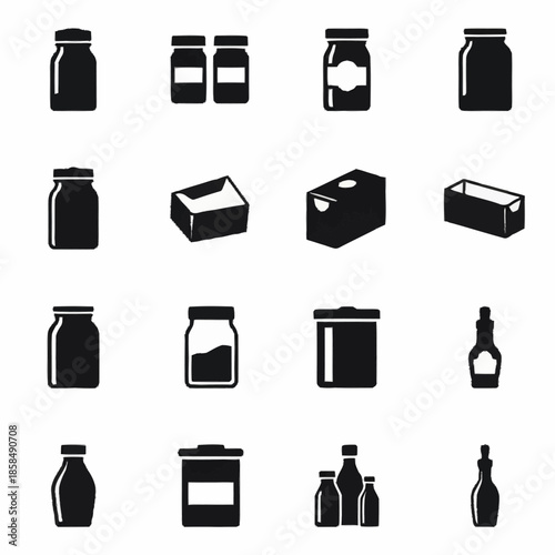 Collection of various food and beverage containers in a minimalist black and white icon style.