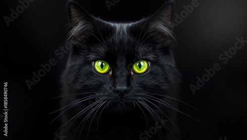 Detailed shot of a black cats vivid green eyes highlighting nocturnal vision, animal focus