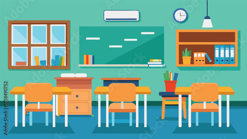 Colorful cartoon illustration of an empty school classroom interior