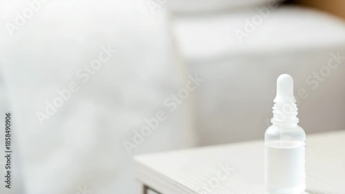 A hand with a subtle wedding band reaching for an eye drop bottle on a bedside table,