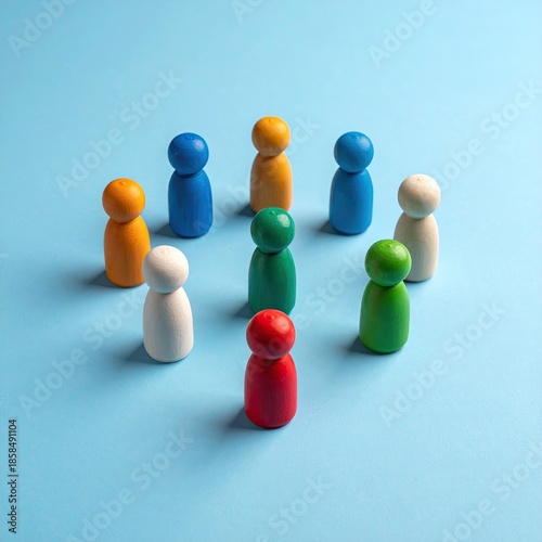 Colorful figurines arranged in a circle on a light blue background