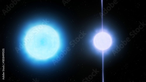 Comparison of a neutron star and a white dwarf on a black background. Two stars after shedding their gas envelope.