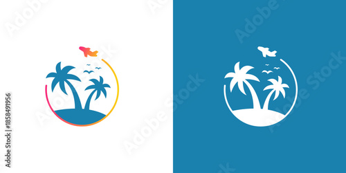 Tropical Island Vacation Logo  Airplane Travel Icon Set