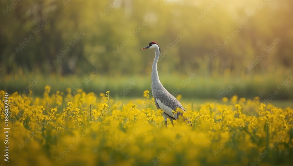 Fototapeta premium Sandhill crane standing with head up amid yellow flowers, highlighting bird behavior in seasonal environments
