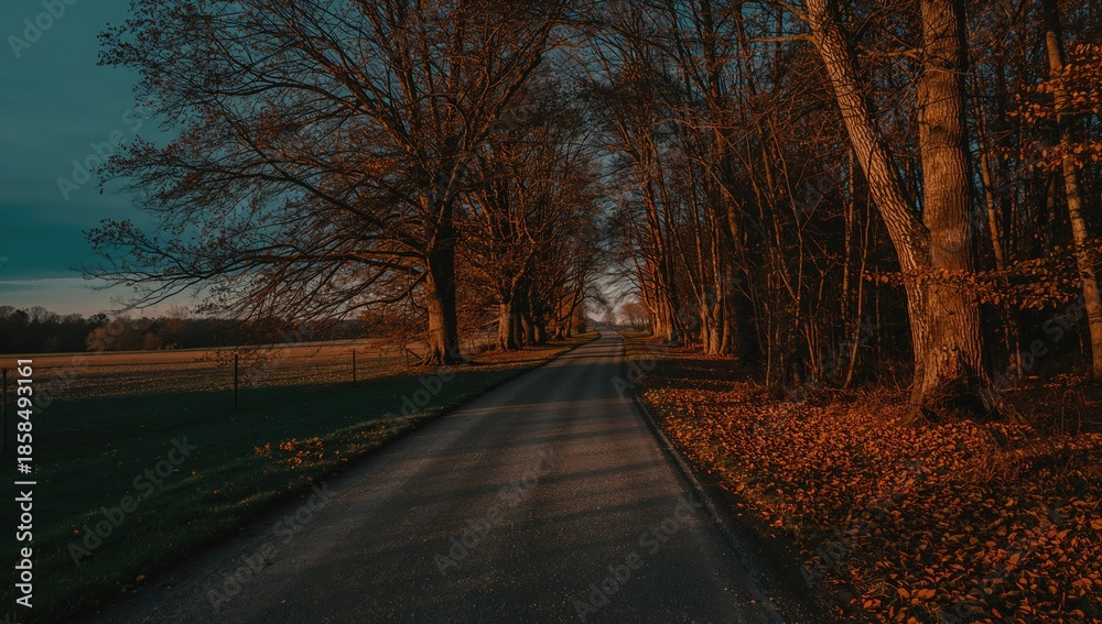 Fototapeta premium Rural pathway surrounded by trees at dusk highlighting urban accessibility challenges
