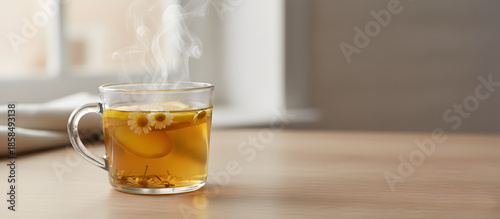 Herbal tea in a glass cup with lemon, chamomile and steam for sore throat relief on a wooden table