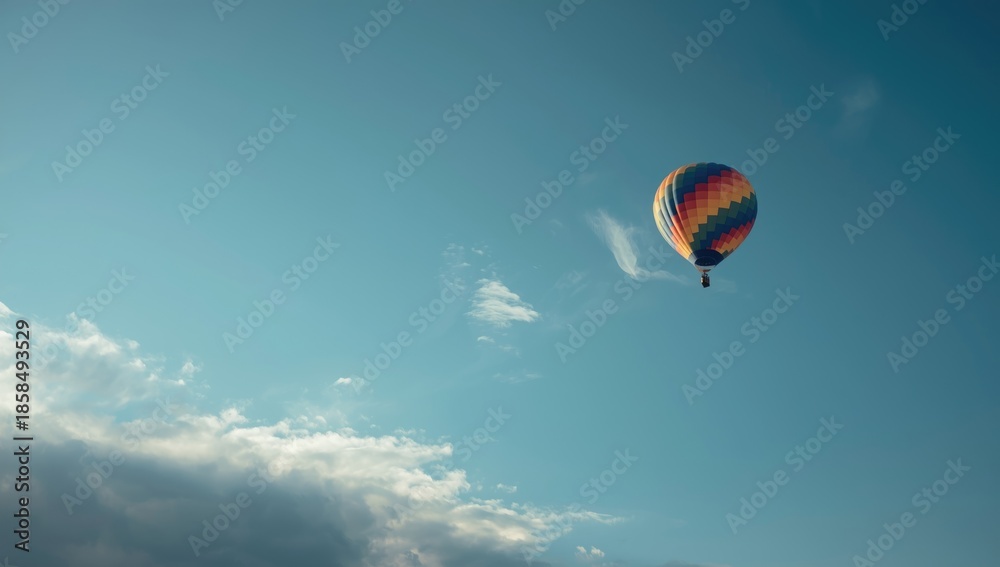 Fototapeta premium Bright hot air balloon soaring in blue sky, suitable as UI backdrop or visual feature