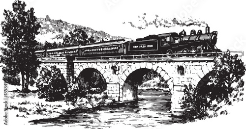 Vintage train engine on a bridge over a river. Black and white vector illustration with scenic landscape and historical context.