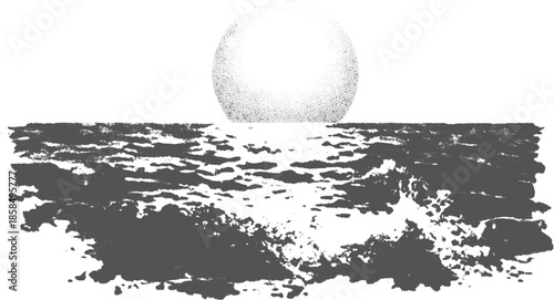 Ocean waves under a sun. Textured black and white vector illustration of a horizon seascape in a minimalist style.