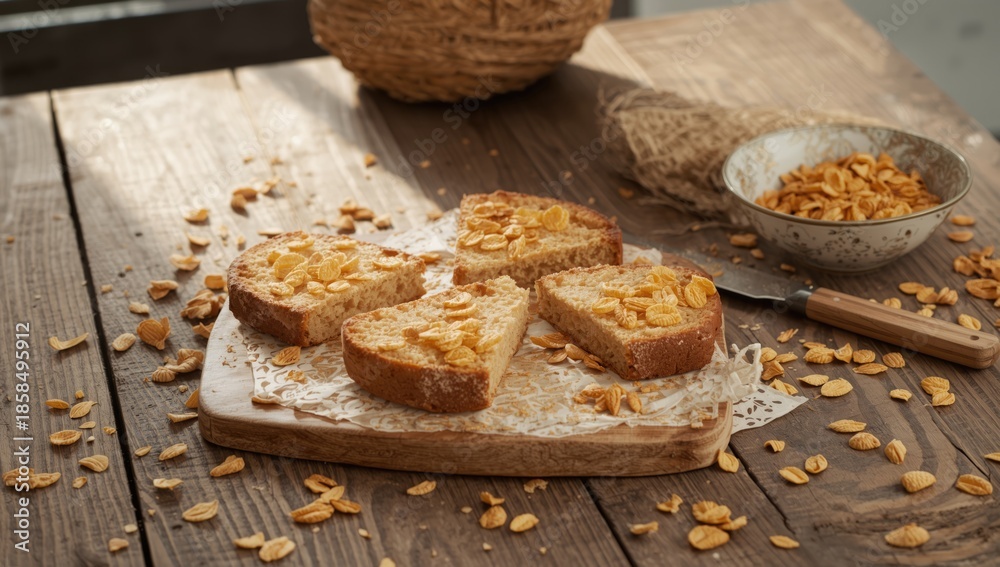 Fototapeta premium Fresh baked bread slices with a crunchy crust and corn flakes on a wooden surface, highlighting breakfast textures, World Food Day