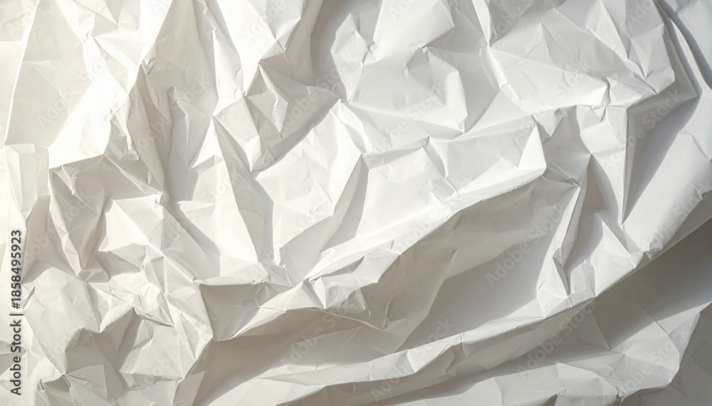 Obraz premium Crumpled white paper texture background with sharp folds and soft shadows, minimal and clean surface ideal for editorial layouts, modern design, abstract concepts, copy space, and creative visual