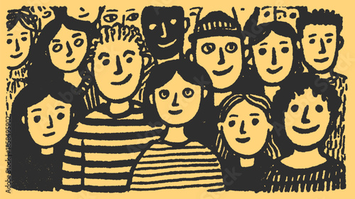 Vector illustration of a diverse group of people gathered together, showing various expressions. Simple and colorful design with a modern style.