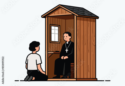 Priest in confession booth listens to kneeling parishioner