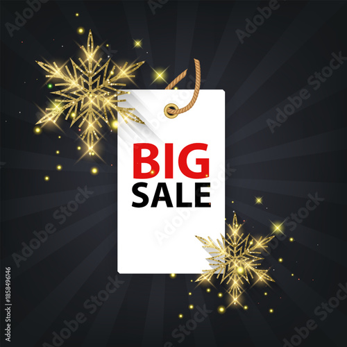 Christmas and Winter sale vector banner template. A white price tag hanging on a rope with "UP TO SALE" The design features elegant golden glittering snowflakes and shimmering light particles on a dar