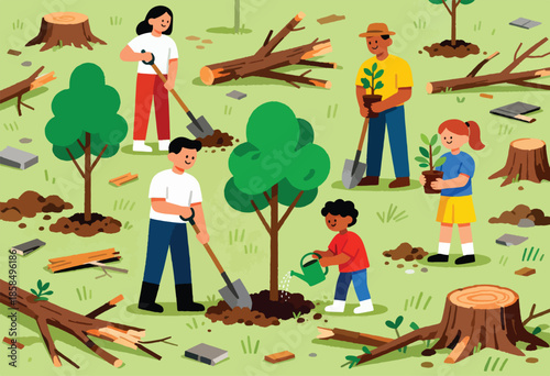 People planting trees in a field with cut logs and stumps