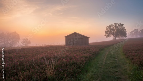 Sunset scene at a sheepfold with flock, emphasizing the tranquil rural environment for agricultural setting