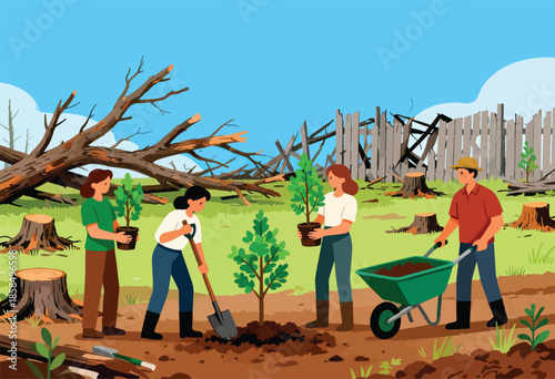 People planting saplings amid devastation, symbolizing renewal and hope