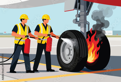 Workers extinguish a burning airplane tire with fire extinguishers