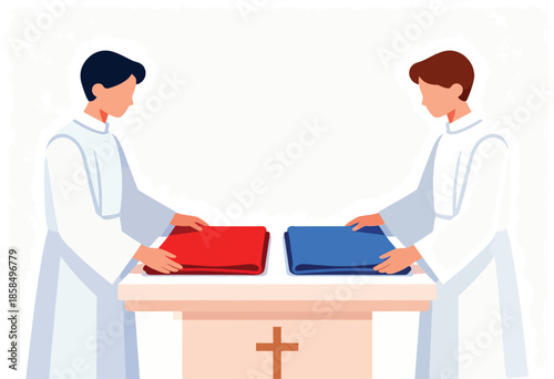 Two individuals in white robes prepare red and blue items on an altar