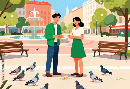 Couple feeding pigeons by a fountain in an urban park with buildings