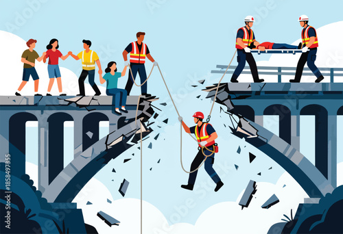 Rescuers aid people stranded on a broken bridge