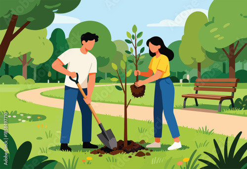 Man and woman planting a tree in a park with a bench