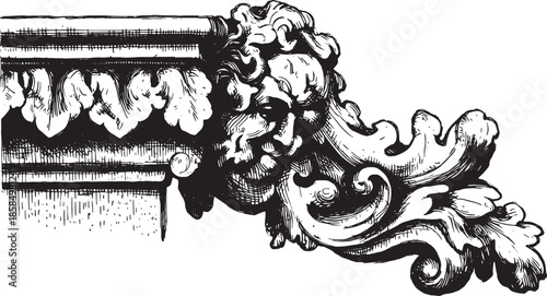 Ornate cornice design with intricate details. Hand-drawn black and white vector illustration featuring classic architectural elements.