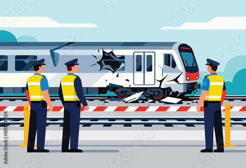 Officials inspect a damaged train and railway crossing after a collision