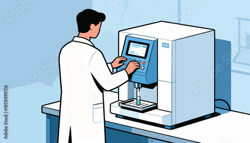 Scientist in lab coat operates a sophisticated analyzing machine with digital display and sample vial