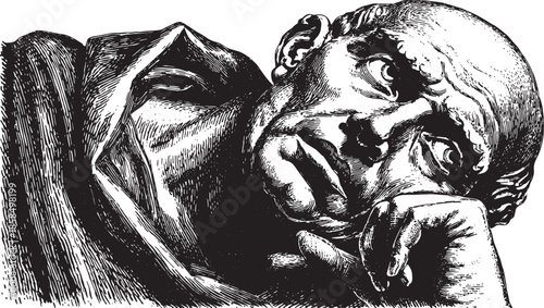 Vintage Roman etching of a thoughtful head. Detailed artwork in black and white, with fine craftsmanship in a classic portrait style vector illustration.