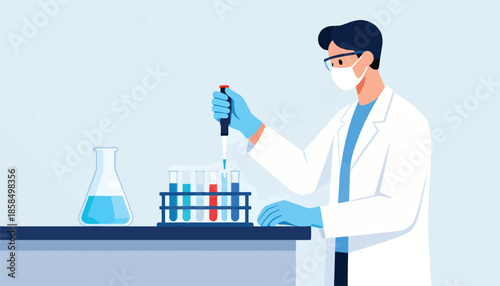 Scientist in protective gear uses pipette with test tubes and flask