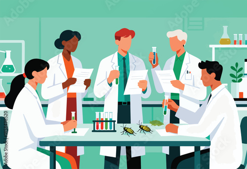Five scientists in lab coats examine test tubes and insects at a table