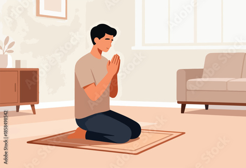Man kneeling on a rug in a room, hands clasped in prayer