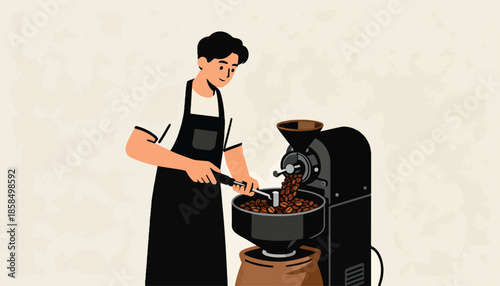 A person in an apron roasts coffee beans in a machine over a burlap sack